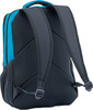Die Rückseite eines blauen Rucksacks mit gepolsterten Trägern und Netzgewebe.