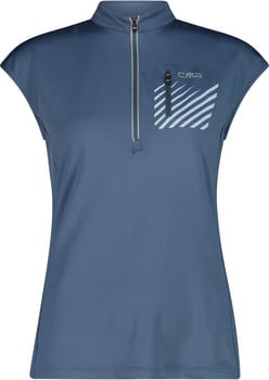 Damen-T-Shirt in Blau mit kurzen Ärmeln und Reißverschlusstasche.