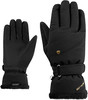 Schwarze Skihandschuhe mit Lederhandfläche und Fellbesatz.