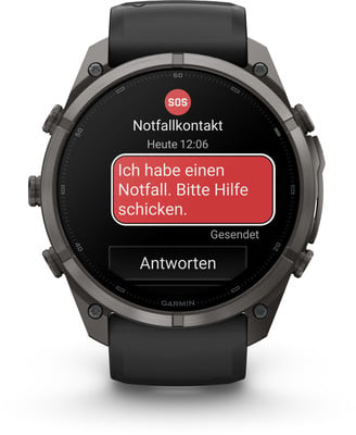 Eine Garmin Smartwatch zeigt eine Notfallnachricht von einem Kontakt an. Eine Garmin Smartwatch zeigt eine Notfallnachricht von einem Kontakt an.