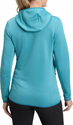 Damen dunkel-türkise Kapuzenjacke mit Rippenmuster. Damen dunkel-türkise Kapuzenjacke mit Rippenmuster.