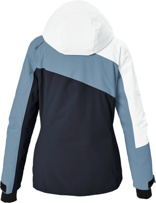 Rückansicht einer Damen-Skijacke mit Farbblockierung in Weiß, Blau und Dunkelblau.