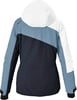 Rückansicht einer Damen-Skijacke mit Farbblockierung in Weiß, Blau und Dunkelblau.