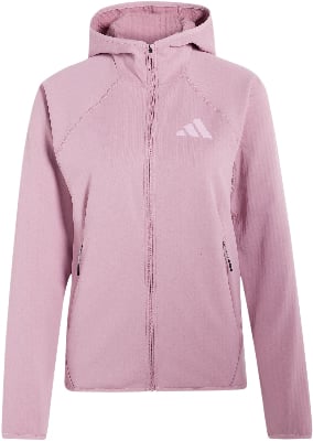 Eine rosafarbene Damenjacke mit Kapuze und Adidas-Logo auf der Brust. Eine rosafarbene Damenjacke mit Kapuze und Adidas-Logo auf der Brust.