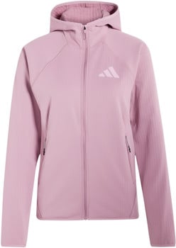 Eine rosafarbene Damenjacke mit Kapuze und Adidas-Logo auf der Brust.