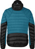 Rückansicht einer blauen Daunenjacke mit schwarzen Ärmeln und Kapuze.