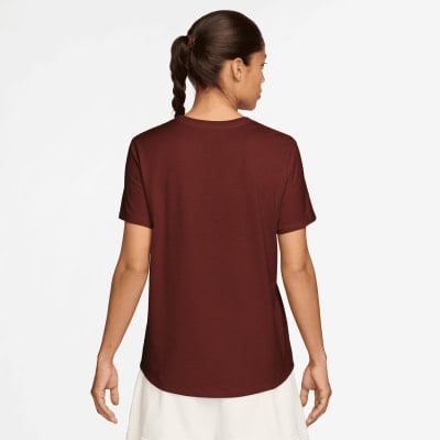 Dunkelrotes Damen-T-Shirt mit kurzen Ärmeln, Rückansicht.