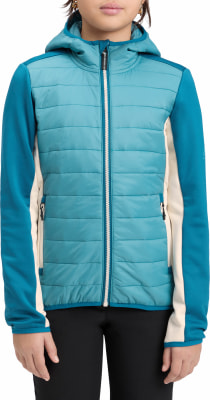 Ein Mädchen trägt eine gesteppte Kapuzenjacke mit langen Ärmeln in Blau-Beige. Ein Mädchen trägt eine gesteppte Kapuzenjacke mit langen Ärmeln in Blau-Beige.