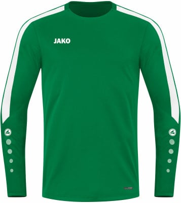 Grünes Langarmshirt mit weißen Streifen an den Ärmeln und JAKO-Logo. Grünes Langarmshirt mit weißen Streifen an den Ärmeln und JAKO-Logo.