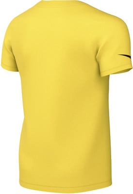 Ein gelbes T-Shirt mit kurzen Ärmeln und einem schwarzen Logo auf dem rechten Ärmel. Ein gelbes T-Shirt mit kurzen Ärmeln und einem schwarzen Logo auf dem rechten Ärmel.