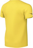 Ein gelbes T-Shirt mit kurzen Ärmeln und einem schwarzen Logo auf dem rechten Ärmel.