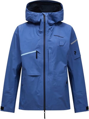 Blaue Herren-Skijacke mit Kapuze und Peak Performance Logo. Blaue Herren-Skijacke mit Kapuze und Peak Performance Logo.