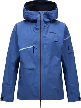 Blaue Herren-Skijacke mit Kapuze und Peak Performance Logo.