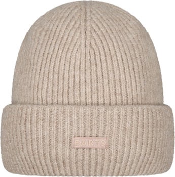Beige Strickmütze mit BARTS-Logo vorne.