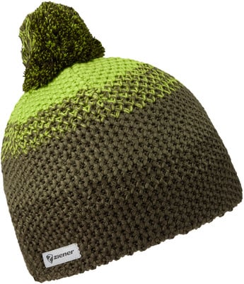 Gestrickte Bommelmütze in Grüntönen mit Ziener-Logo. Gestrickte Bommelmütze in Grüntönen mit Ziener-Logo.