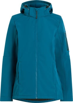 Blaue Damen-Softshelljacke mit Reißverschluss und Kapuze.