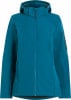 Blaue Damen-Softshelljacke mit Reißverschluss und Kapuze.