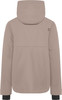 Rückansicht einer beige Kapuzenjacke mit schwarzen Bündchen.