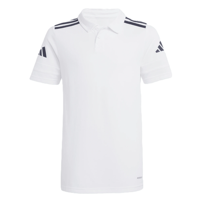 Weißes Adidas Poloshirt mit dunkelblauen Streifen an Schultern und Ärmeln. Weißes Adidas Poloshirt mit dunkelblauen Streifen an Schultern und Ärmeln.