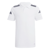 Weißes Adidas Poloshirt mit dunkelblauen Streifen an Schultern und Ärmeln.