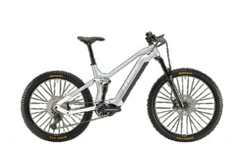 Silbernes Haibike Mountain E-Bike mit Fullsuspension und schwarzen Rädern.