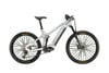 Silbernes Haibike Mountain E-Bike mit Fullsuspension und schwarzen Rädern.