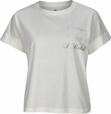 Weißes T-Shirt mit kurzen Ärmeln und dem Aufdruck 'I Move, I Train, I Rebel'.