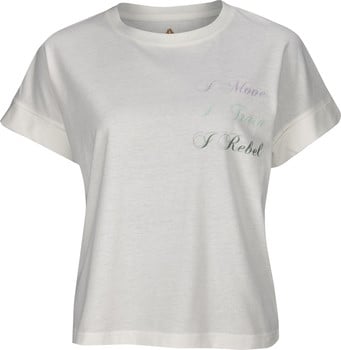 Weißes T-Shirt mit kurzen Ärmeln und dem Aufdruck 'I Move, I Train, I Rebel'.