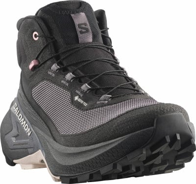 Schwarzer Salomon Wanderschuh mit rosa Details und Gore-Tex-Membran.