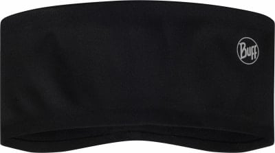 Schwarzes Stirnband von Buff mit einem kreisförmigen Logo an der Seite. Schwarzes Stirnband von Buff mit einem kreisförmigen Logo an der Seite.