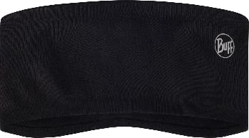 Schwarzes Stirnband von Buff mit einem kreisförmigen Logo an der Seite.