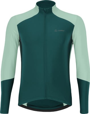 Dunkelgrüne Fahrradjacke mit mintgrünen Ärmeln und Markenlogo.