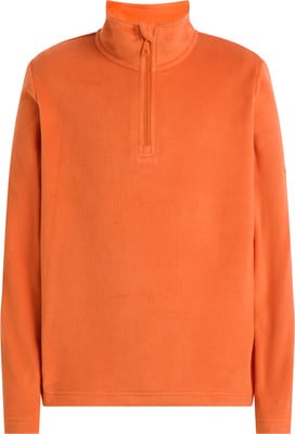 Orangefarbener Fleece-Pullover mit Stehkragen und kurzem Reißverschluss. Orangefarbener Fleece-Pullover mit Stehkragen und kurzem Reißverschluss.