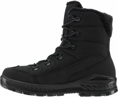 Schwarzer Winterstiefel mit Fellfutter und Schnürung. Schwarzer Winterstiefel mit Fellfutter und Schnürung.
