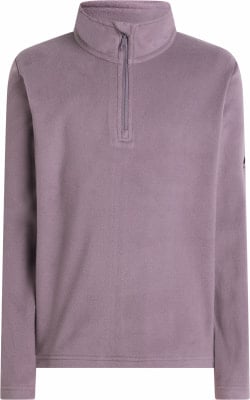Fliederfarbener Fleece-Pullover mit Stehkragen und kurzem Reißverschluss.