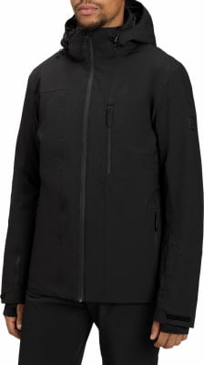 Mann in schwarzer Winterjacke mit Kapuze und Reißverschluss vorne. Mann in schwarzer Winterjacke mit Kapuze und Reißverschluss vorne.