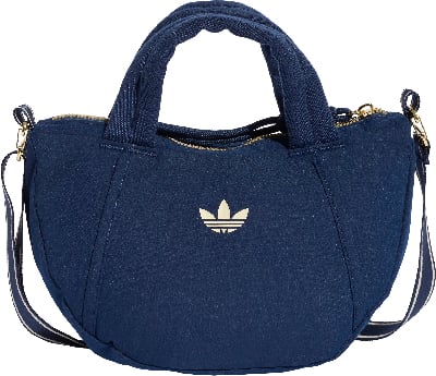 Dunkelblaue Adidas-Tasche mit Trefoil-Logo und goldenen Reißverschlüssen.
