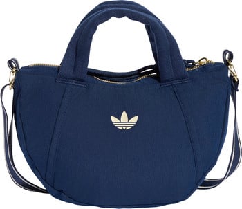 Dunkelblaue Adidas-Tasche mit Trefoil-Logo und goldenen Reißverschlüssen.