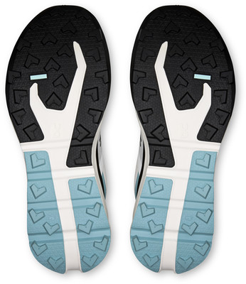 Schuhsohle von Laufschuhen mit schwarzem und blauem Muster und OC-Logo. Schuhsohle von Laufschuhen mit schwarzem und blauem Muster und OC-Logo.