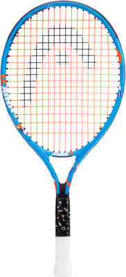 Ein blauer Tennisschläger mit orangen und schwarzen Akzenten und weißem Griffband. Ein blauer Tennisschläger mit orangen und schwarzen Akzenten und weißem Griffband.