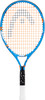 Ein blauer Tennisschläger mit orangen und schwarzen Akzenten und weißem Griffband.