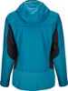 Rückansicht einer blauen Jacke mit schwarzen Seitenteilen und Kapuze.