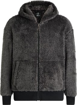Graue flauschige Kapuzenjacke mit Reißverschluss und Fronttaschen.
