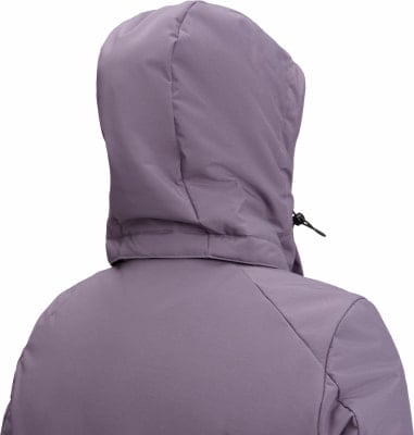 Rückansicht einer lila Kapuzenjacke mit Kordelzug. Rückansicht einer lila Kapuzenjacke mit Kordelzug.