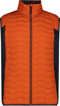 Orange gesteppte Weste mit schwarzen Seitenteilen und Reißverschluss.