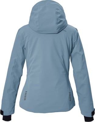 Rückansicht einer blauen Damenjacke mit Kapuze und Reflektoren. Rückansicht einer blauen Damenjacke mit Kapuze und Reflektoren.