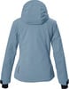 Rückansicht einer blauen Damenjacke mit Kapuze und Reflektoren.
