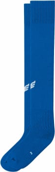 Blaue Fußballsocken mit weißem Logo und Rippbund.