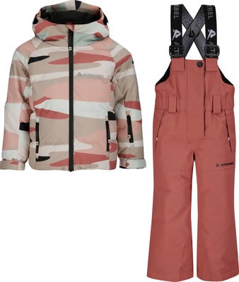 Kinder-Skijacke und -hose mit rosafarbenem Tarnmuster.