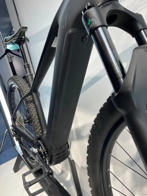 Detail eines Elektro-Mountainbikes mit Dämpfer und Rahmenakku.